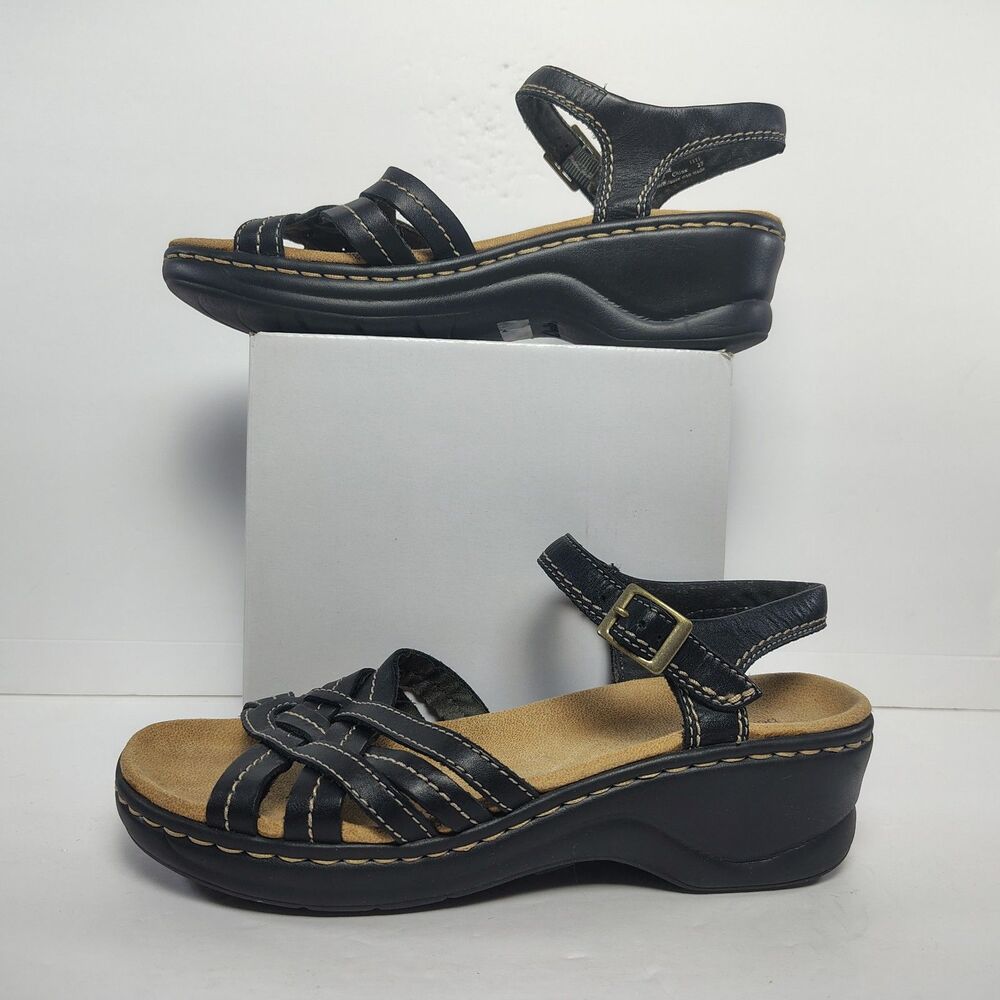 Clarks Bendables Womens 8.5M Black Leather Strappy Wedge Sandals Ankle Straps - Picture 2 of 11